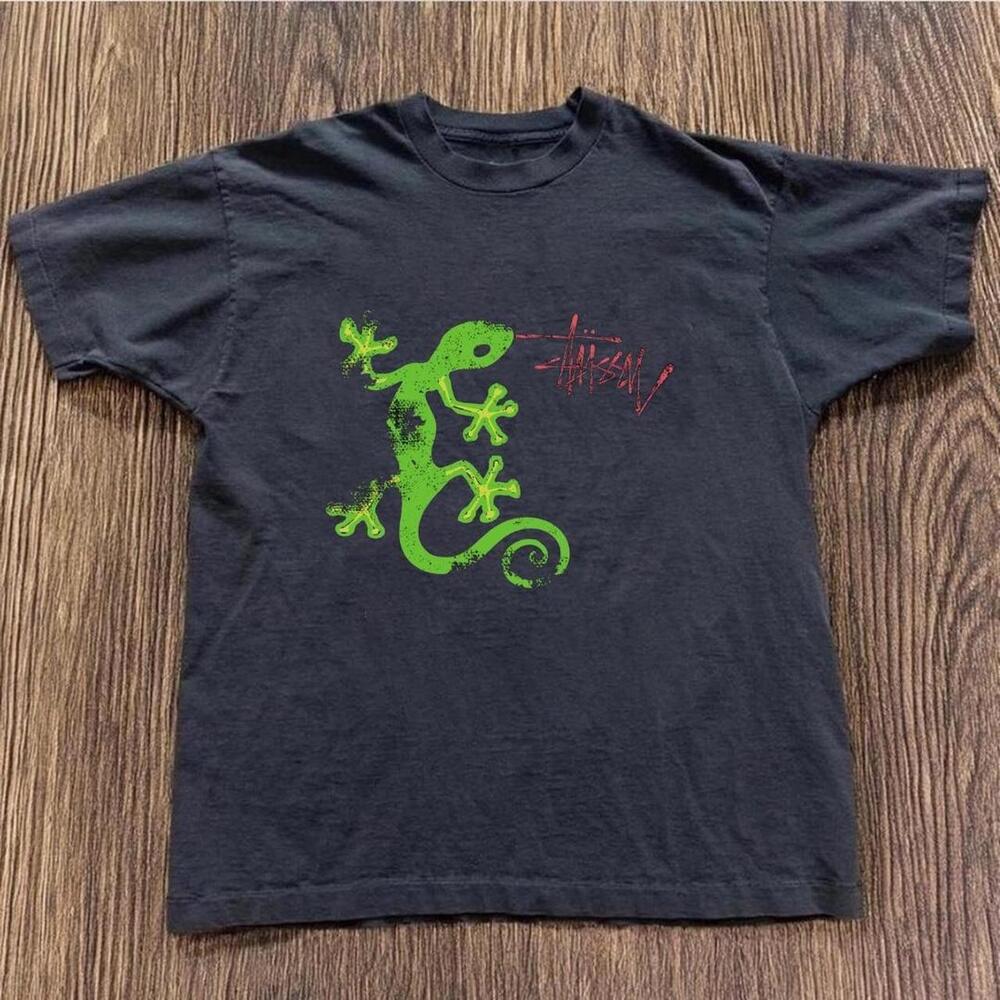 Gildan Men Black T-Shirt, Stussy Black & Green Graphic Tee